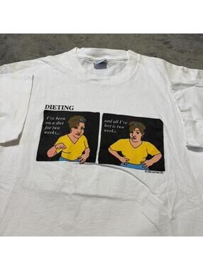 Vintage 90s Dieting Humor Graphic T Shirt High Cotton Novelty White Tee Retro M
